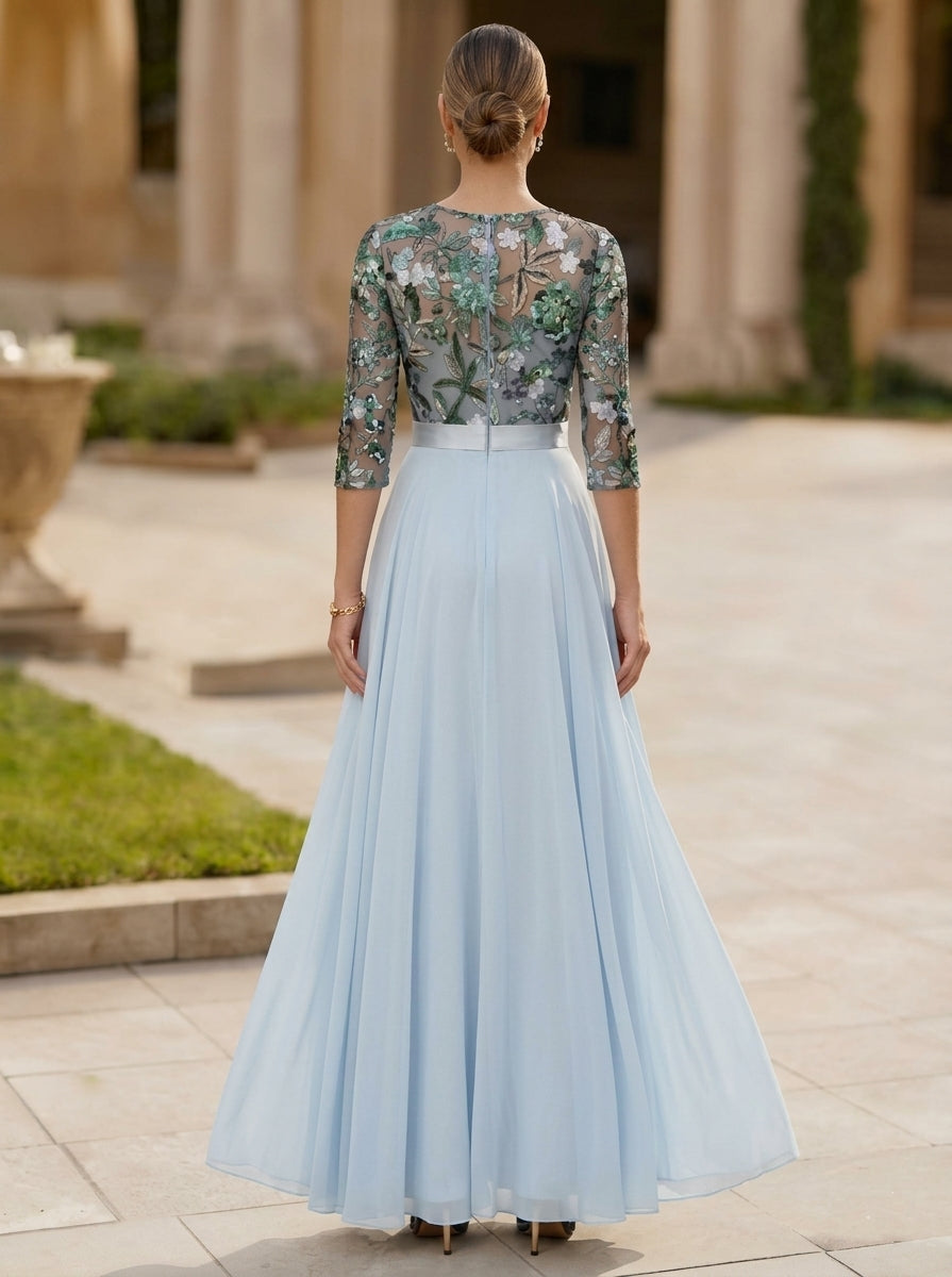 Jumpsuit Scoop Chiffon Mother of the Bride Jumpsuit with Overskirt 3/4 Sleeves Floral Sequins Floor-Length