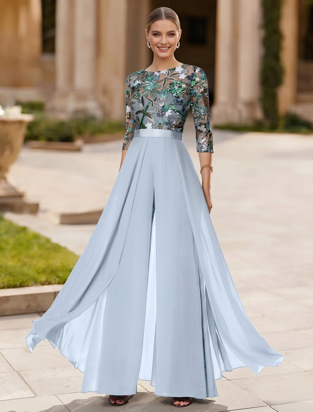 jumpsuit formal dress Jumpsuit Scoop Chiffon Mother of the Bride Jumpsuit with Overskirt 3/4 Sleeves Floral Sequins Floor-Length Dark Green