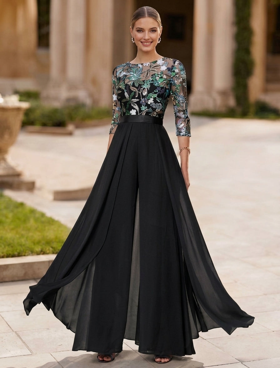 Jumpsuit Scoop Chiffon Mother of the Bride Jumpsuit with Overskirt 3/4 Sleeves Floral Sequins Floor-Length Black
