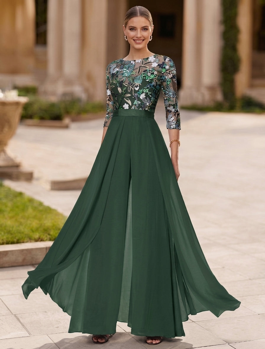 Jumpsuit Scoop Chiffon Mother of the Bride Jumpsuit with Overskirt 3/4 Sleeves Floral Sequins Floor-Length Dark Green