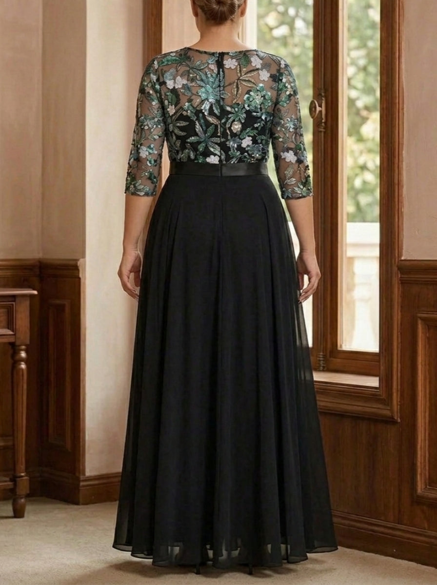 Jumpsuit Scoop Chiffon Plus Size Mother of the Bride Jumpsuit with Overskirt 3/4 Sleeves Floral Sequins Floor-Length