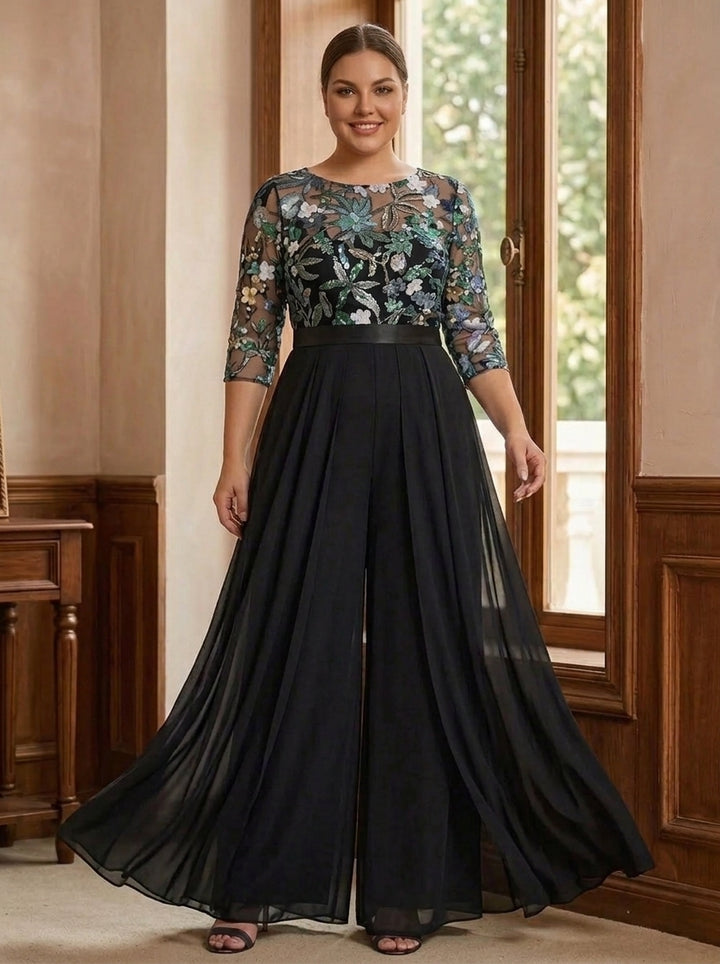 Jumpsuit Scoop Chiffon Plus Size Mother of the Bride Jumpsuit with Overskirt 3/4 Sleeves Floral Sequins Floor-Length