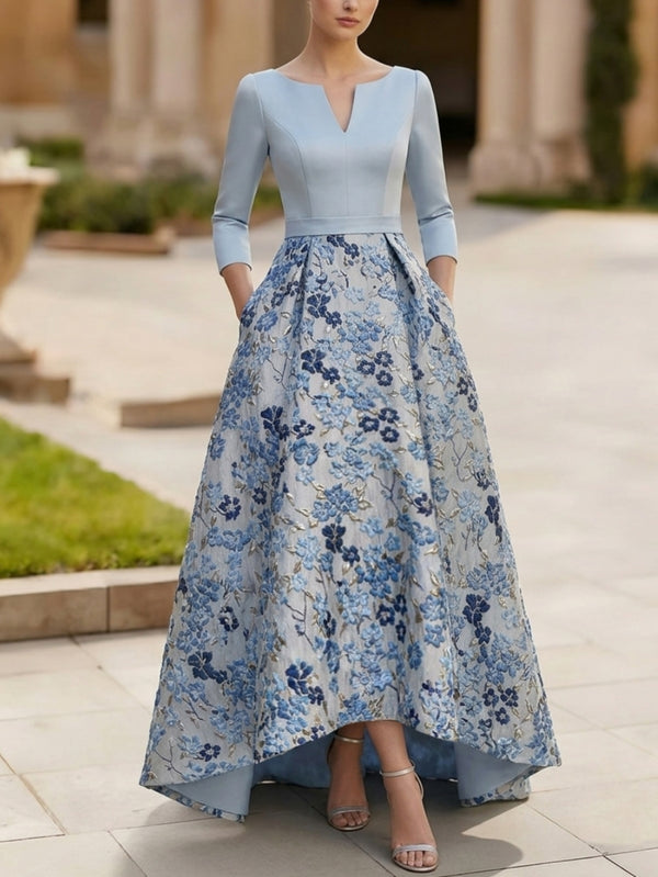 A-Line/Princess V-Neck Satin Mother of the Bride Dresses 3/4 Sleeves Floral Asymmetrical Floor-Length