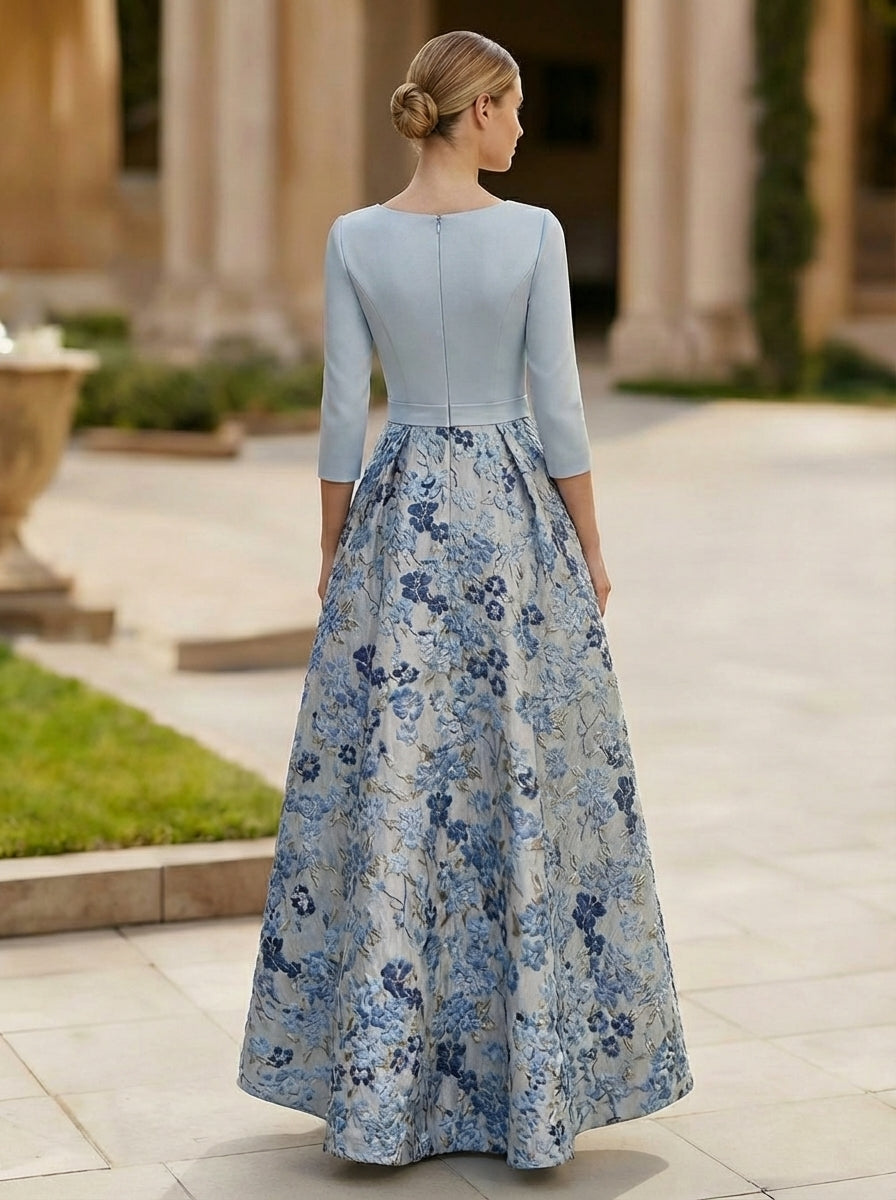 A-Line/Princess V-Neck Satin Mother of the Bride Dresses 3/4 Sleeves Floral Asymmetrical Floor-Length