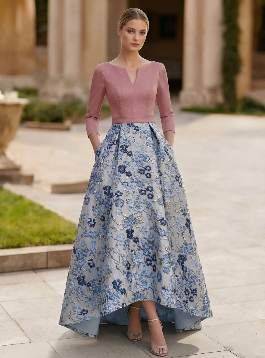 A-Line/Princess V-Neck Satin Mother of the Bride Dresses 3/4 Sleeves Floral Asymmetrical Floor-Length