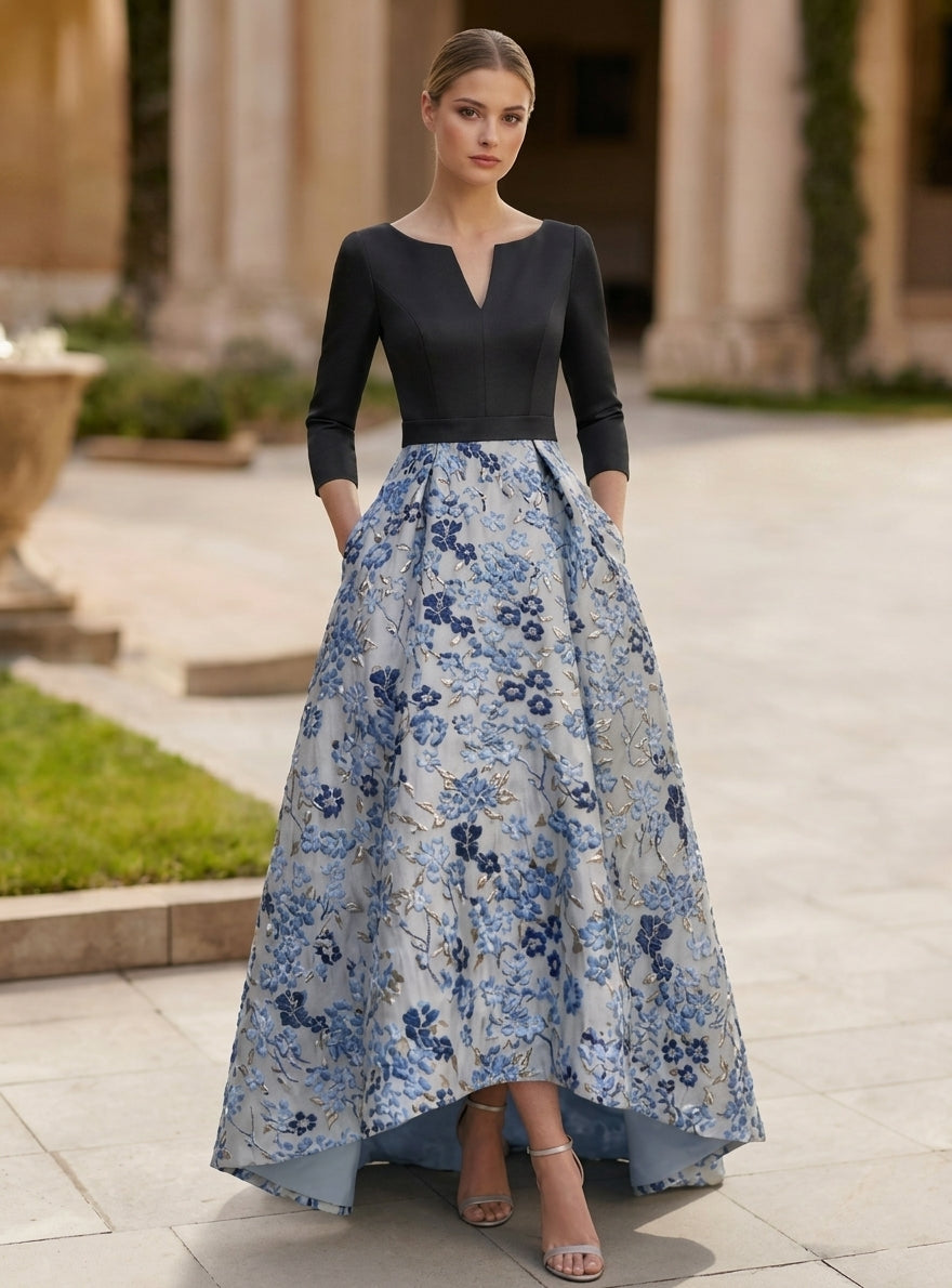A-Line/Princess V-Neck Satin Mother of the Bride Dresses 3/4 Sleeves Floral Asymmetrical Floor-Length