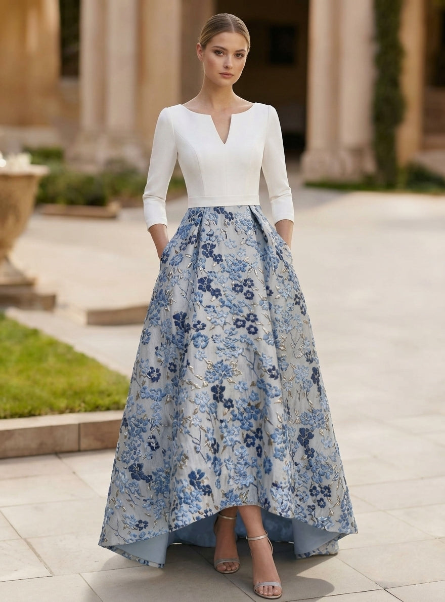 A-Line/Princess V-Neck Satin Mother of the Bride Dresses 3/4 Sleeves Floral Asymmetrical Floor-Length