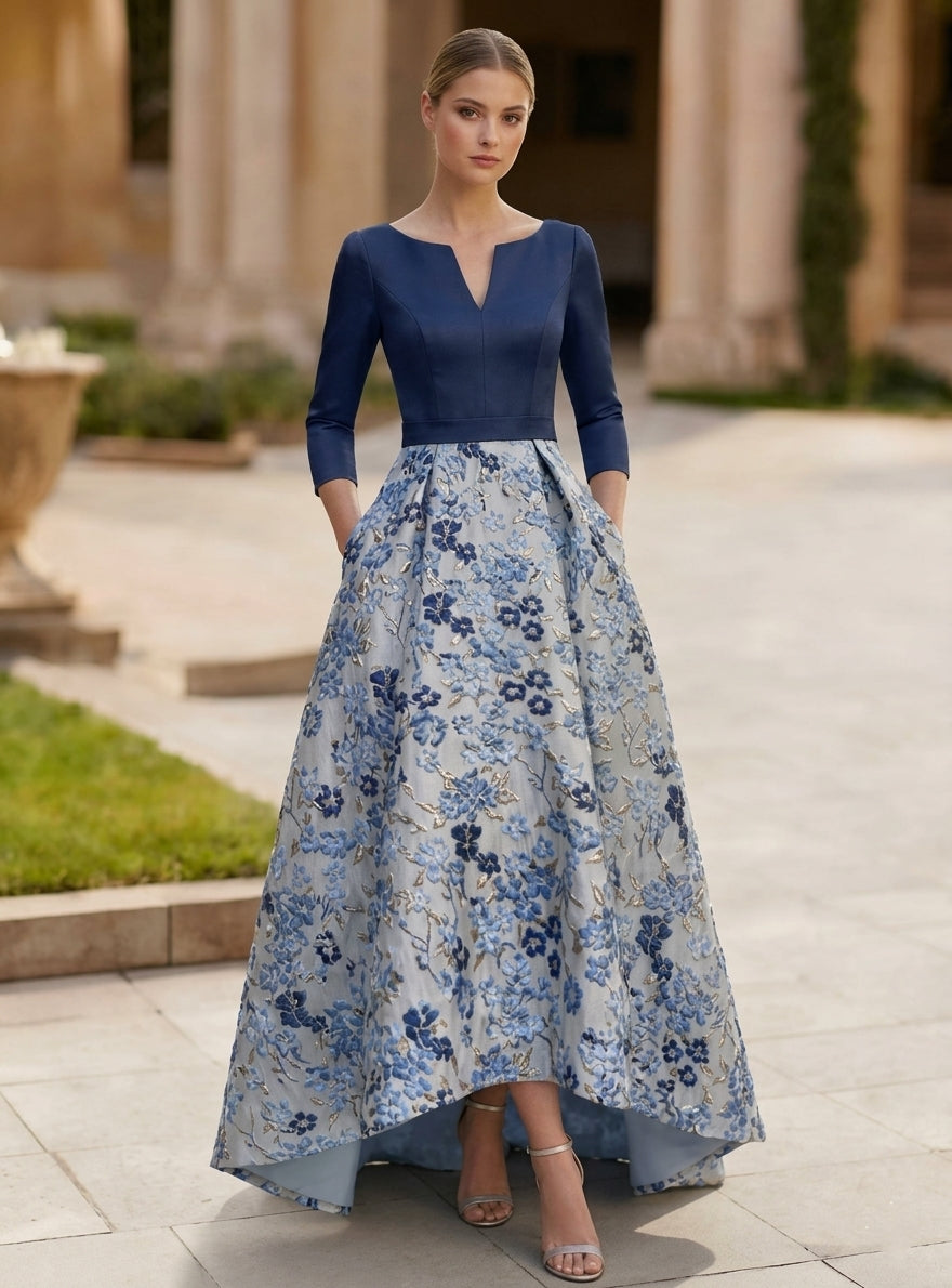 A-Line/Princess V-Neck Satin Mother of the Bride Dresses 3/4 Sleeves Floral Asymmetrical Floor-Length