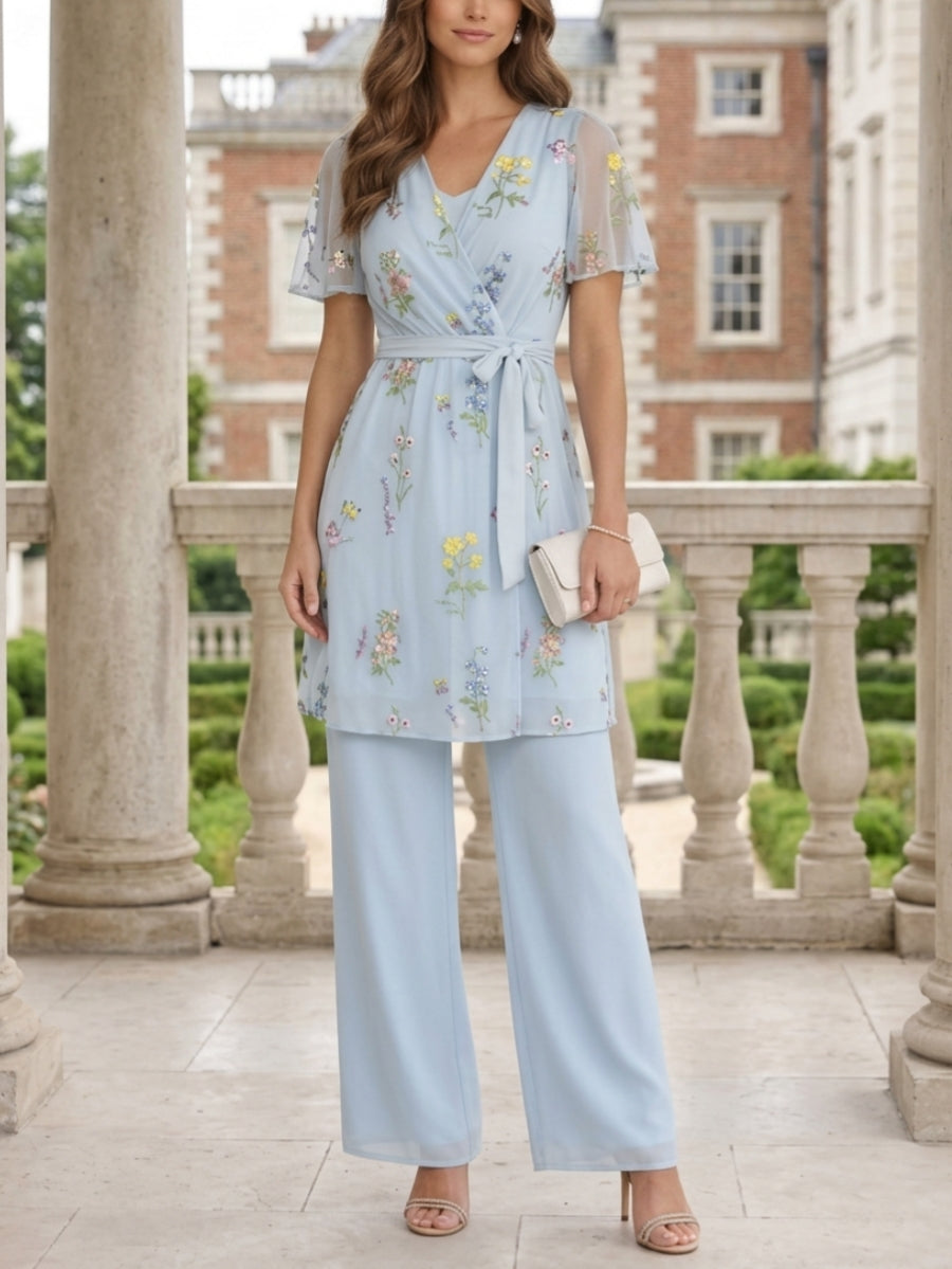 floral chiffon mother of the bride dress pant suits Women's 3 Pieces Mother of the Bride Dresses 2026 for Wedding Party Formal Evening Gowns with Jacket, White