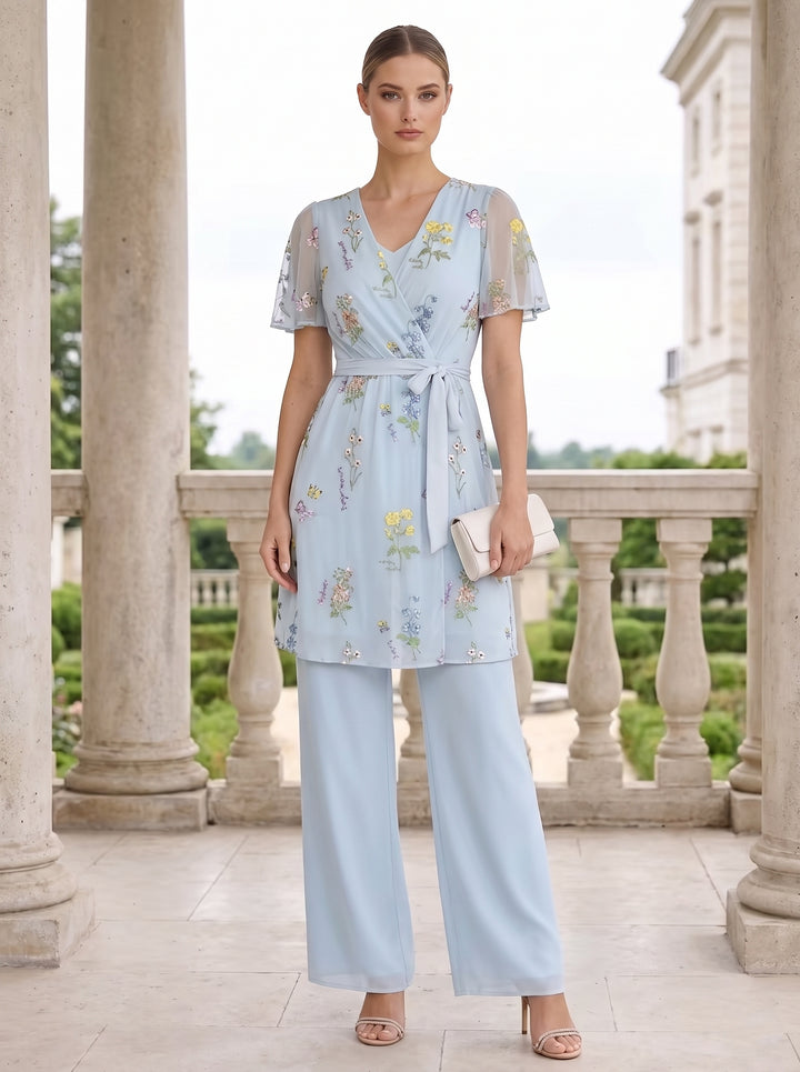 2 Pieces Suit V-Neck Chiffon Mother of the Bride Pantsuits Short Sleeves Floral Ankle-Length