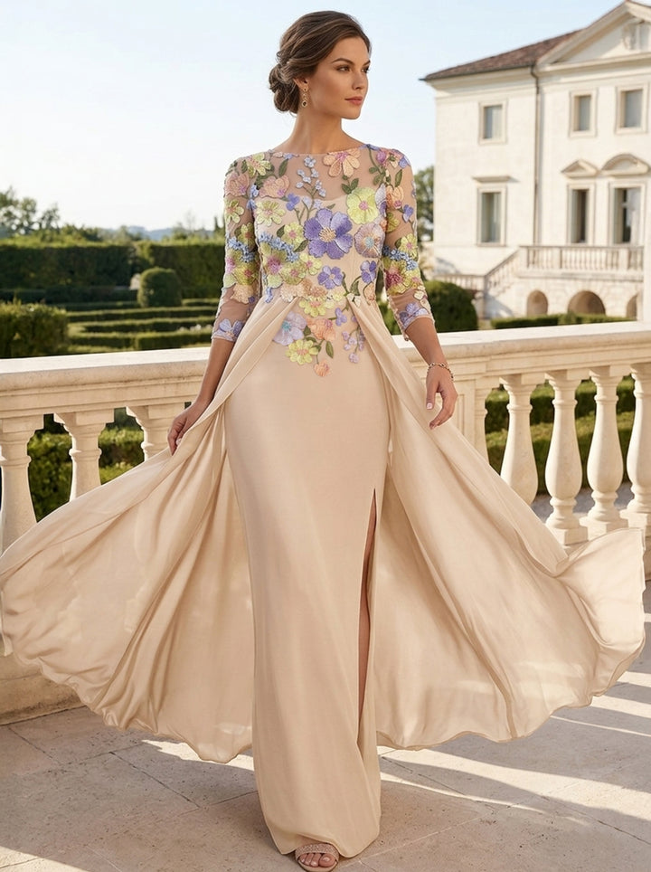 Sheath/Column Scoop Chiffon Mother of the Bride Dresses with Overskirt Lace Floral 3/4 Sleeves Split Side Floor-Length