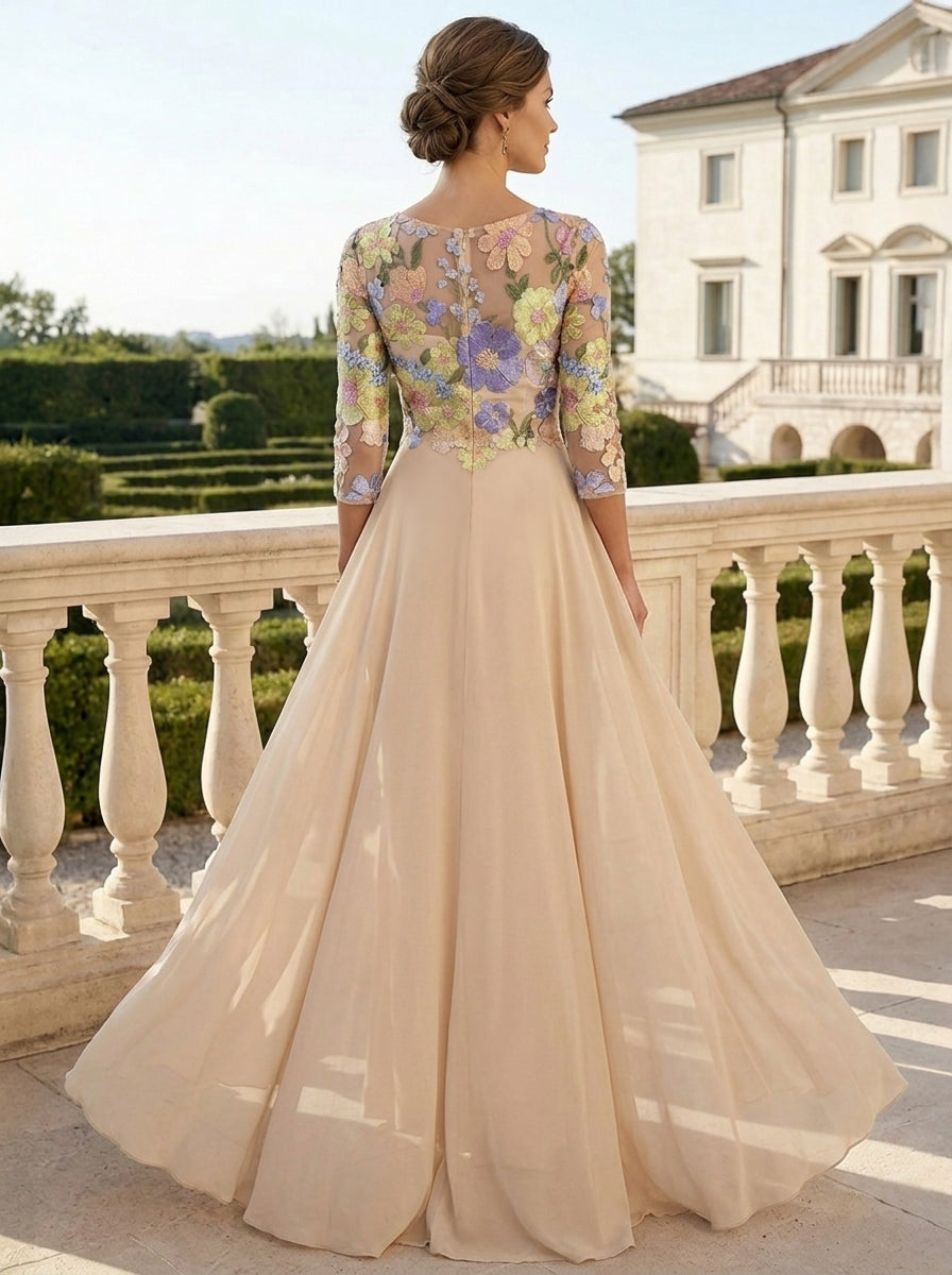 Sheath/Column Scoop Chiffon Mother of the Bride Dresses with Overskirt Lace Floral 3/4 Sleeves Split Side Floor-Length