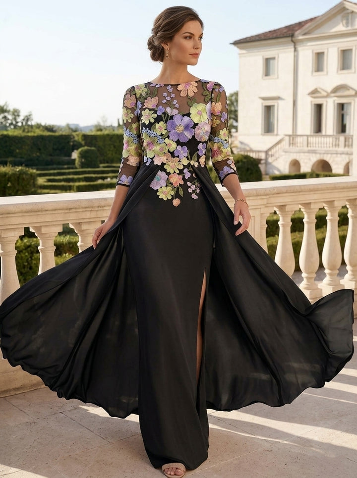 Sheath/Column Scoop Chiffon Mother of the Bride Dresses with Overskirt Lace Floral 3/4 Sleeves Split Side Floor-Length
