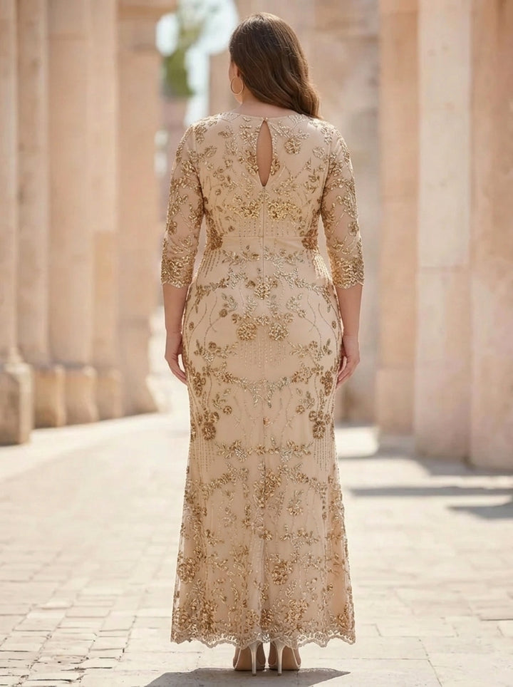 Sheath/Column Scoop Sequins Lace Plus Size Mother of the Bride Dresses 3/4 Sleeves Floral Ankle-Length