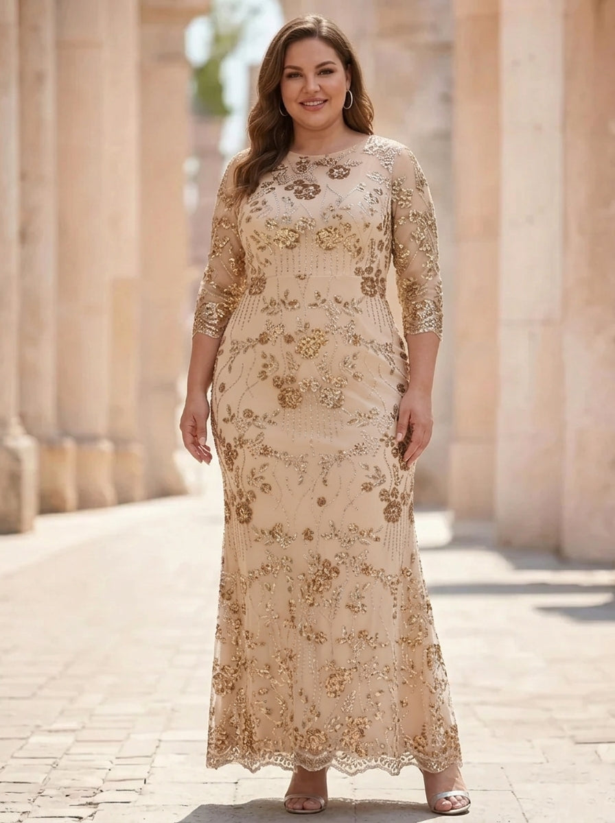 Sheath/Column Scoop Sequins Lace Plus Size Mother of the Bride Dresses 3/4 Sleeves Floral Ankle-Length
