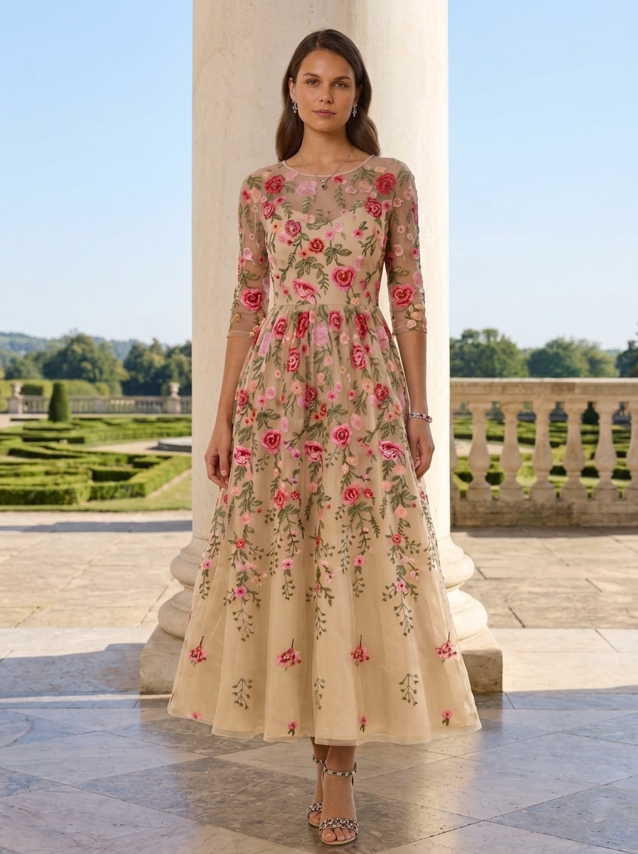 A-Line/Princess Scoop Lace Embroidery Mother of the Bride Dresses 3/4 Sleeves Floral Tea-Length