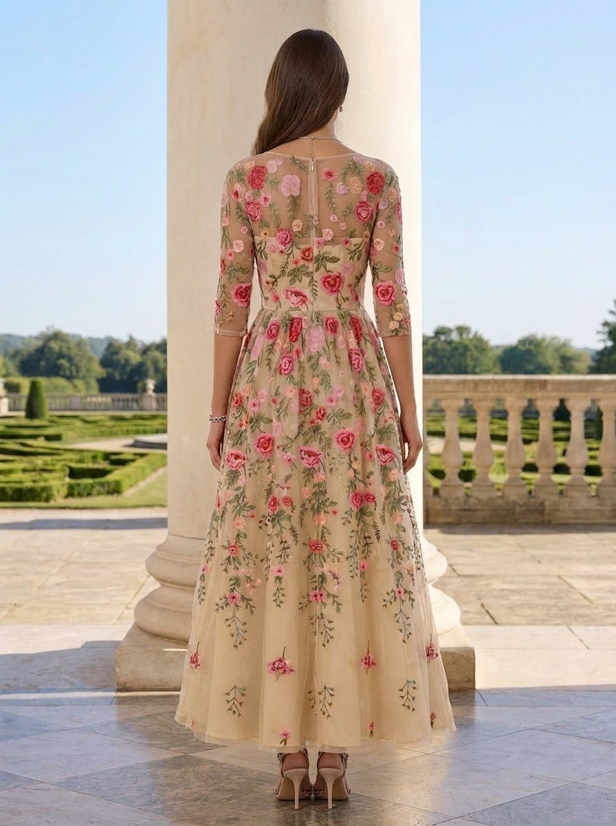 A-Line/Princess Scoop Lace Embroidery Mother of the Bride Dresses 3/4 Sleeves Floral Tea-Length