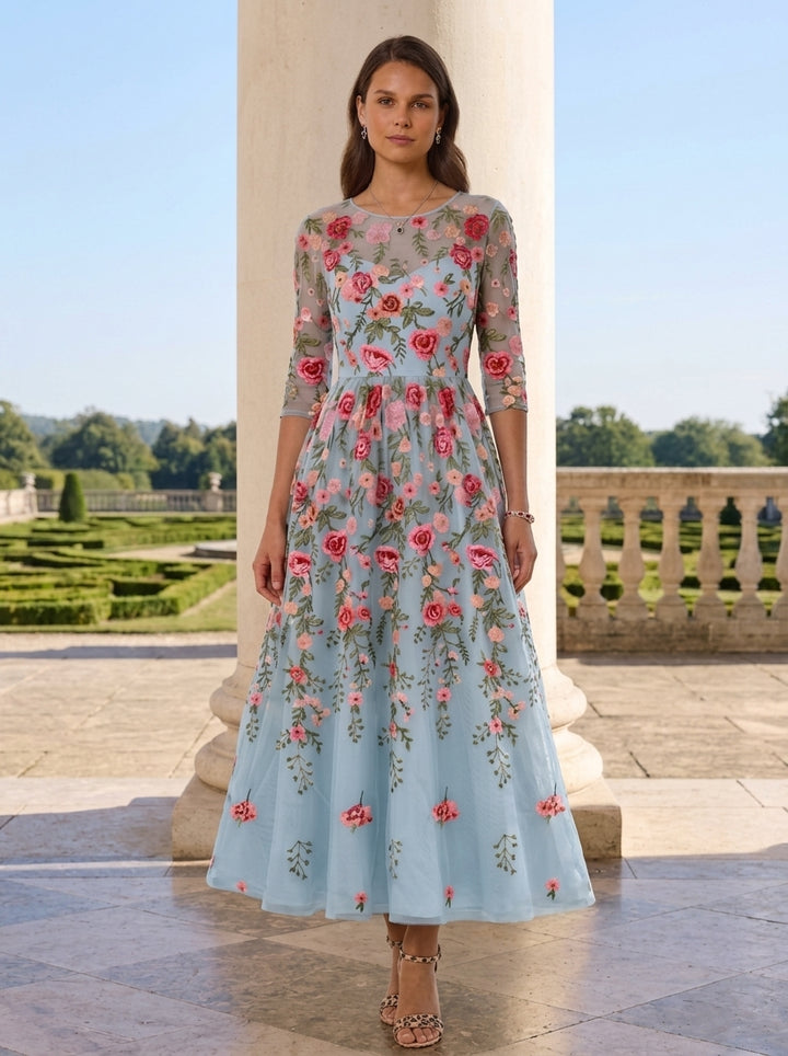 A-Line/Princess Scoop Lace Embroidery Mother of the Bride Dresses 3/4 Sleeves Floral Tea-Length