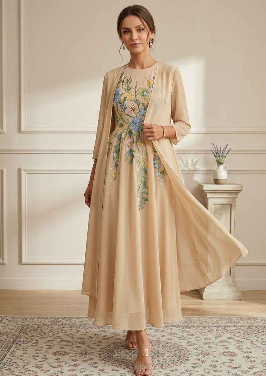 A-Line/Princess Scoop Chiffon Mother of the Bride Dresses with Jacket Lace Floral 3/4 Sleeves Ankle-Length