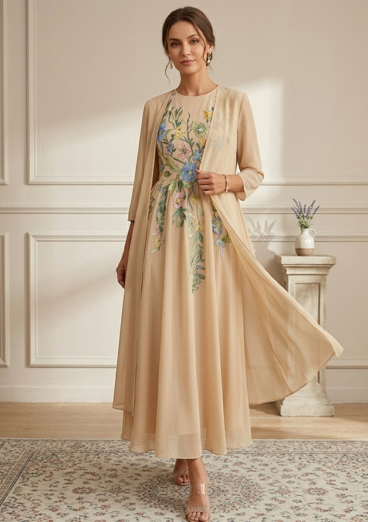 A-Line/Princess Scoop Chiffon Mother of the Bride Dresses with Jacket Lace Floral 3/4 Sleeves Ankle-Length