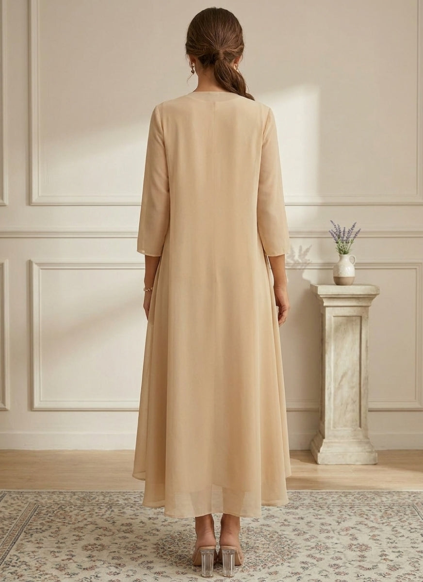 A-Line/Princess Scoop Chiffon Mother of the Bride Dresses with Jacket Lace Floral 3/4 Sleeves Ankle-Length