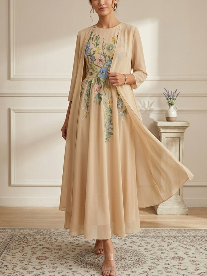 A-Line/Princess Scoop Chiffon Mother of the Bride Dresses with Jacket Lace Floral 3/4 Sleeves Ankle-Length