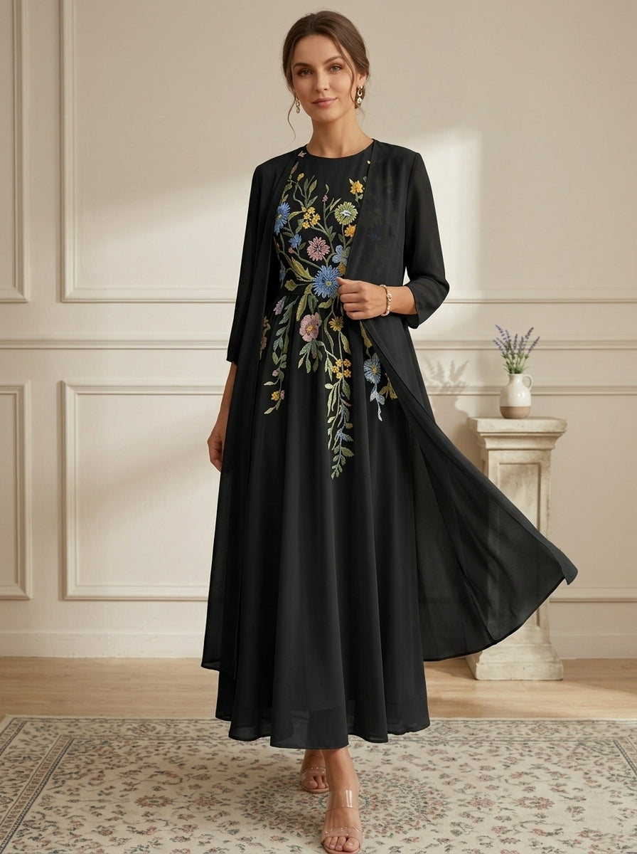 A-Line/Princess Scoop Chiffon Mother of the Bride Dresses with Jacket Lace Floral 3/4 Sleeves Ankle-Length