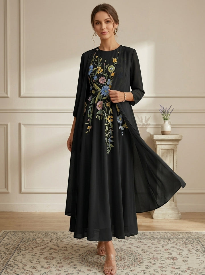 A-Line/Princess Scoop Chiffon Mother of the Bride Dresses with Jacket Lace Floral 3/4 Sleeves Ankle-Length
