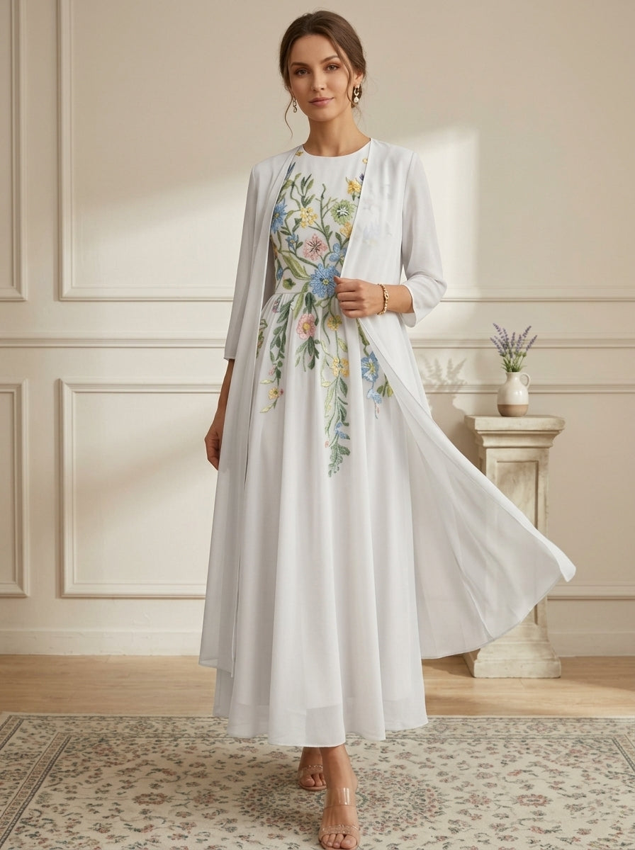 A-Line/Princess Scoop Chiffon Mother of the Bride Dresses with Jacket Lace Floral 3/4 Sleeves Ankle-Length