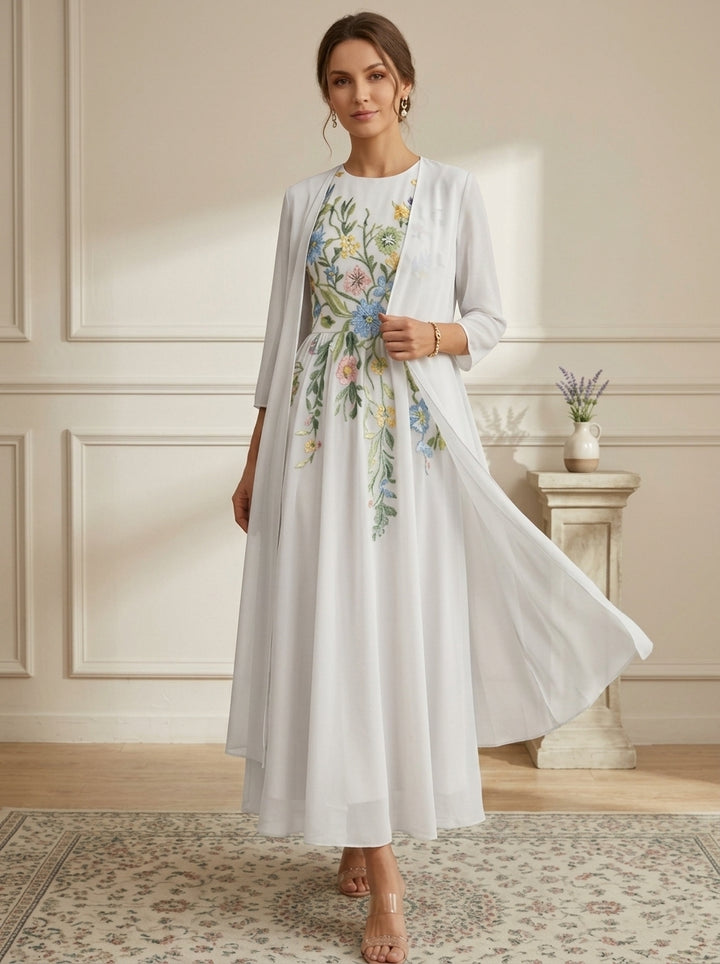 A-Line/Princess Scoop Chiffon Mother of the Bride Dresses with Jacket Lace Floral 3/4 Sleeves Ankle-Length