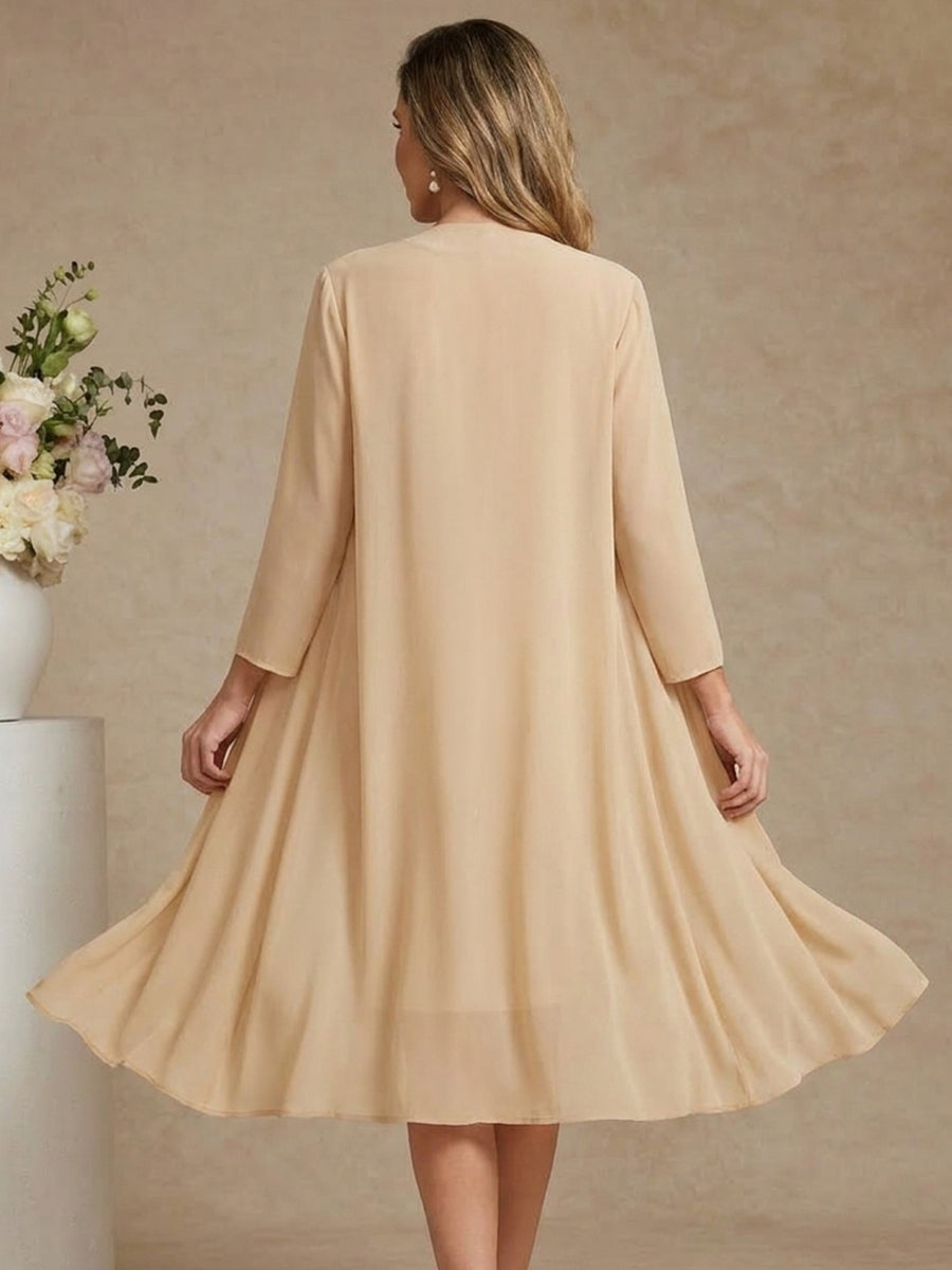 Sheath/Column Scoop Chiffon Mother of the Bride Dresses with Jacket Lace Floral 3/4 Sleeves Knee-Length