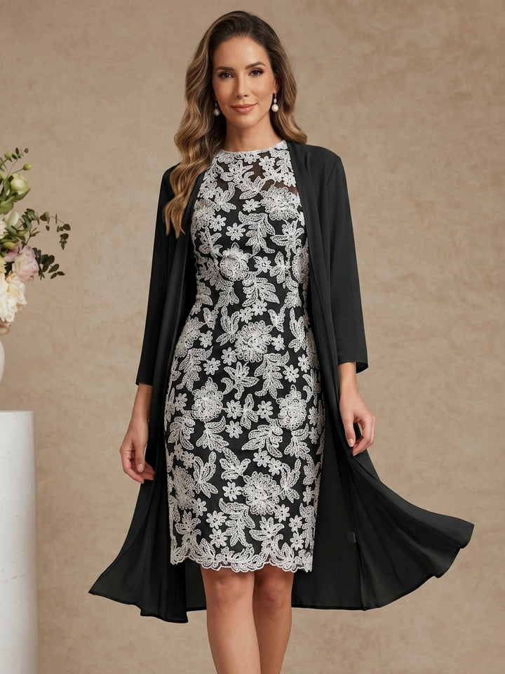 Sheath/Column Scoop Chiffon Mother of the Bride Dresses with Jacket Lace Floral 3/4 Sleeves Knee-Length
