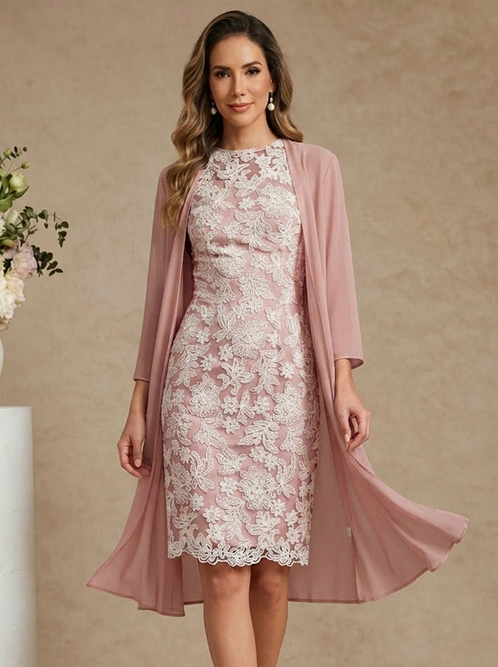 Sheath/Column Scoop Chiffon Mother of the Bride Dresses with Jacket Lace Floral 3/4 Sleeves Knee-Length