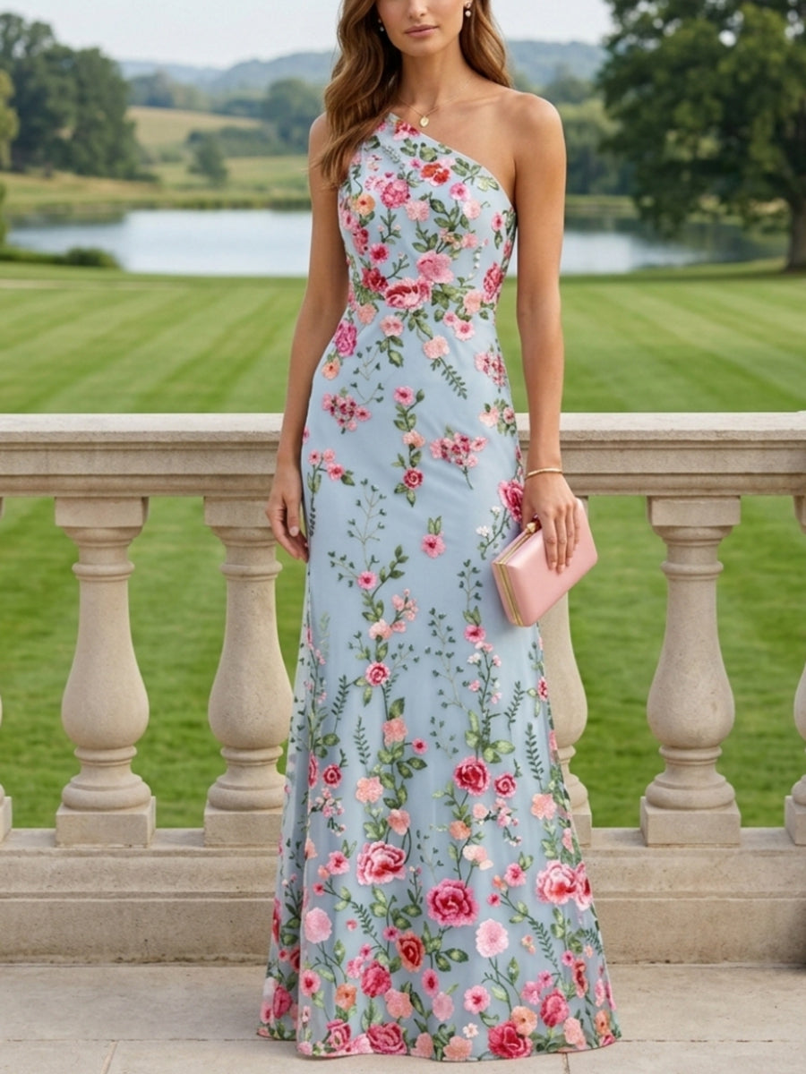 Sheath/Column One-Shoulder Lace Embroidery Mother of the Bride Dresses Sleeveless Floral Floor-Length, Sky Blue Sheath/Column One-Shoulder Lace Embroidery Mother of the Bride Dresses Sleeveless Floral Floor-Length, Sky Blue
