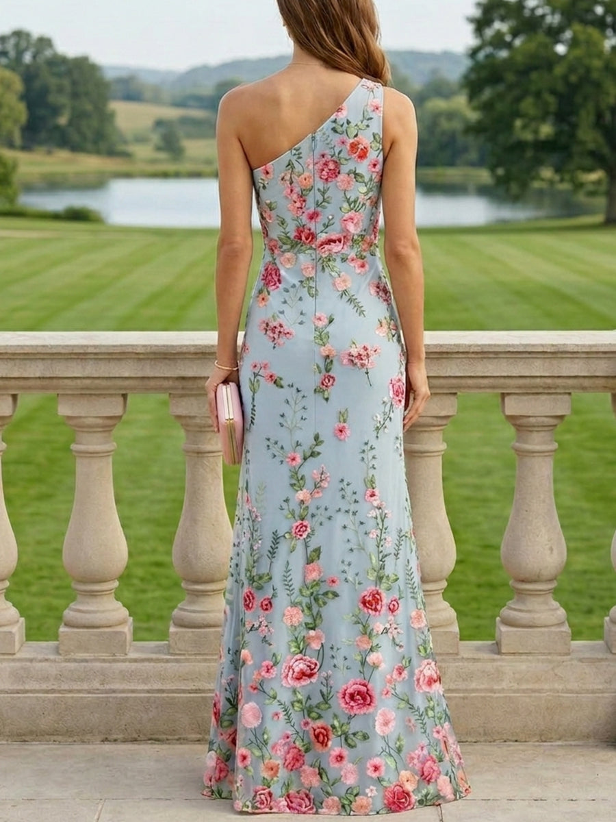Sheath/Column One-Shoulder Lace Embroidery Mother of the Bride Dresses Sleeveless Floral Floor-Length, Sky Blue Sheath/Column One-Shoulder Lace Embroidery Mother of the Bride Dresses Sleeveless Floral Floor-Length, Sky Blue