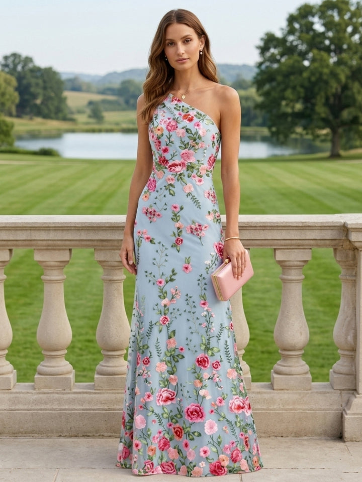 Sheath/Column One-Shoulder Lace Embroidery Mother of the Bride Dresses Sleeveless Floral Floor-Length