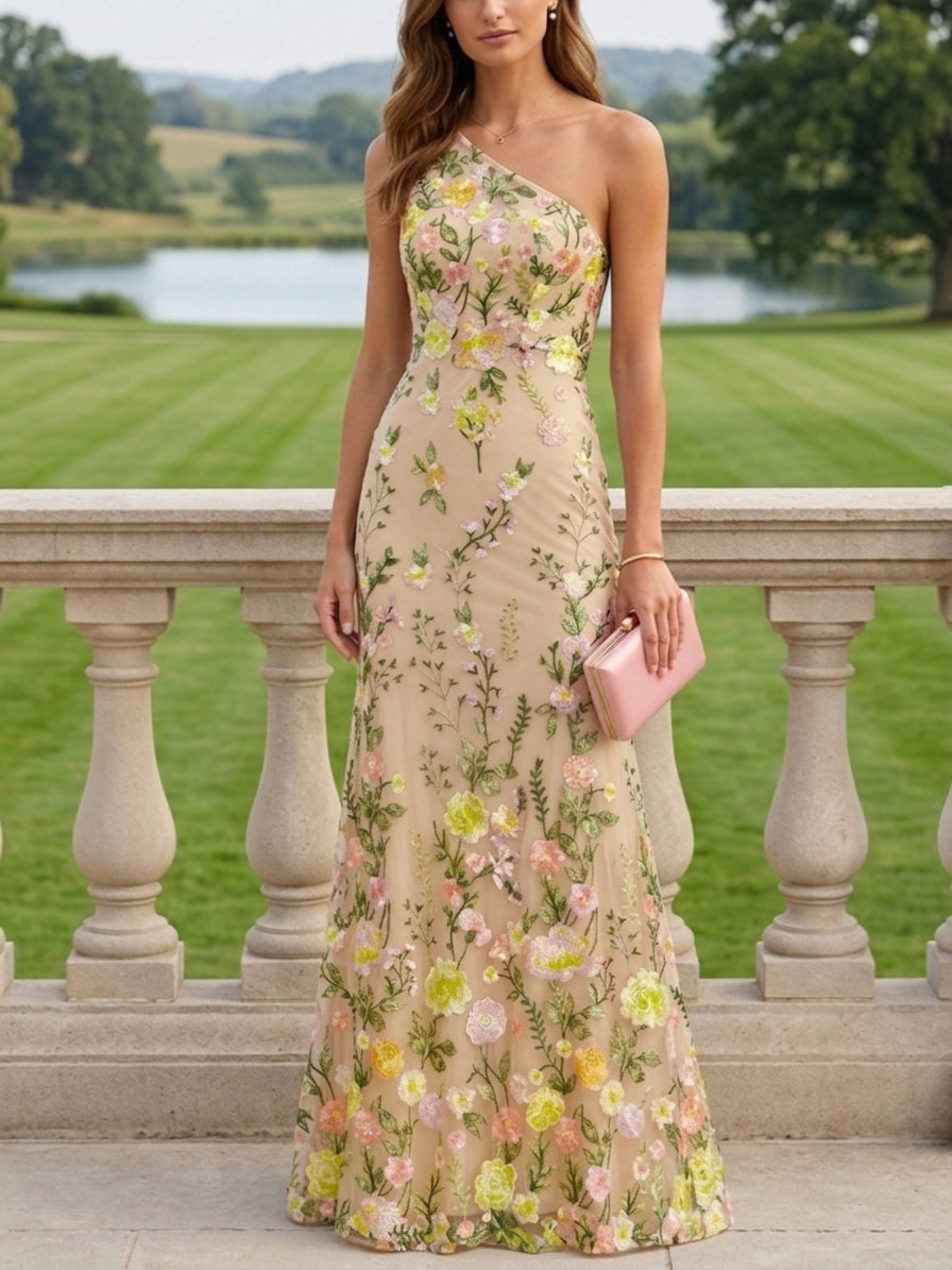 Sheath/Column One-Shoulder Lace Embroidery Mother of the Bride Dresses Sleeveless Floral Floor-Length