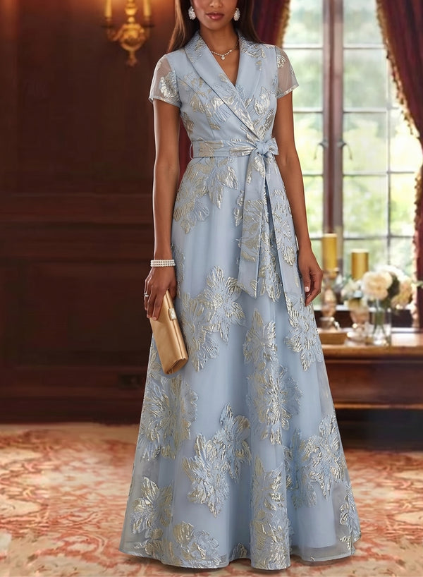 A-Line/Princess V-Neck Jacquard Mother of the Bride Dresses Short Sleeves Floral Floor-Length Bowknot Belt