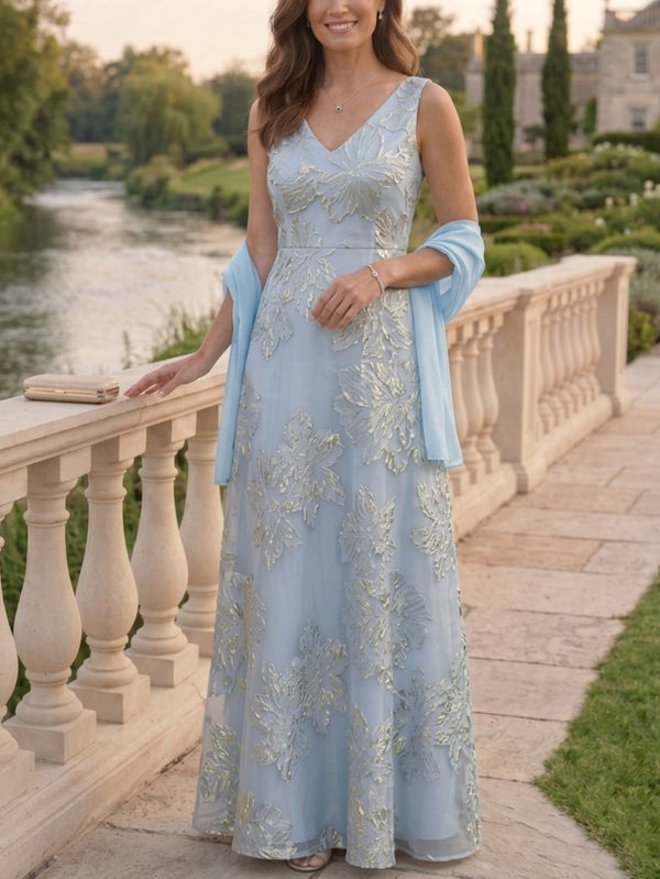 A-Line/Princess V-Neck Jacquard Mother of the Bride Dresses with Wrap Sleeveless Floral Floor-Length