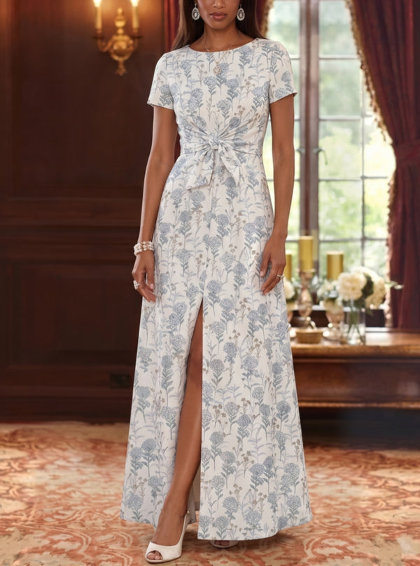 A-Line/Princess Scoop Jacquard Mother of the Bride Dresses with Split Side Short Sleeves Floral Ankle-Length Bowknot