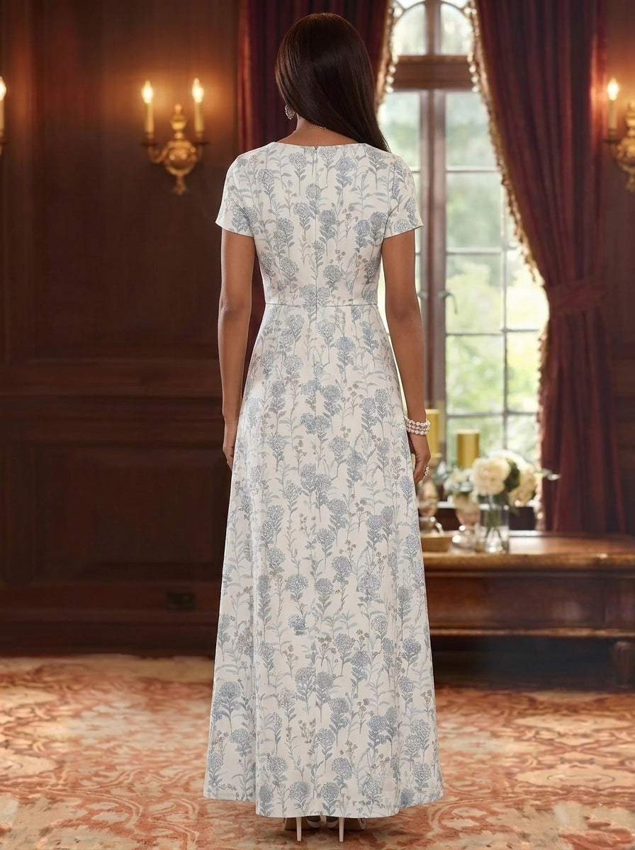 A-Line/Princess Scoop Jacquard Mother of the Bride Dresses with Split Side Short Sleeves Floral Ankle-Length Bowknot
