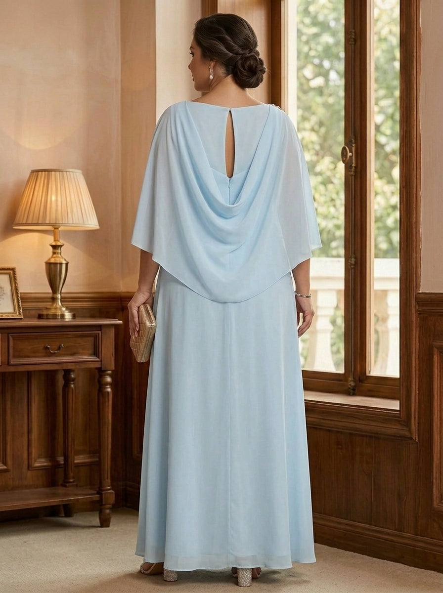 A-Line/Princess Boat Neck Chiffon Plus Size Mother of the Bride Dresses Cape Sleeves Ankle-Length Rhinestone