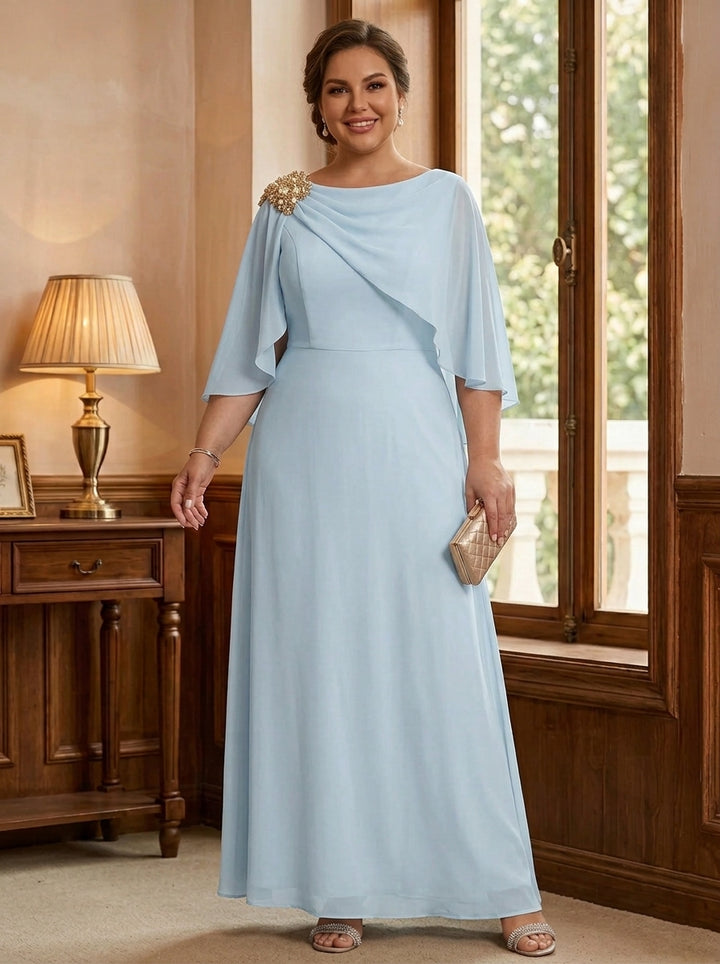 A-Line/Princess Boat Neck Chiffon Plus Size Mother of the Bride Dresses Cape Sleeves Ankle-Length Rhinestone