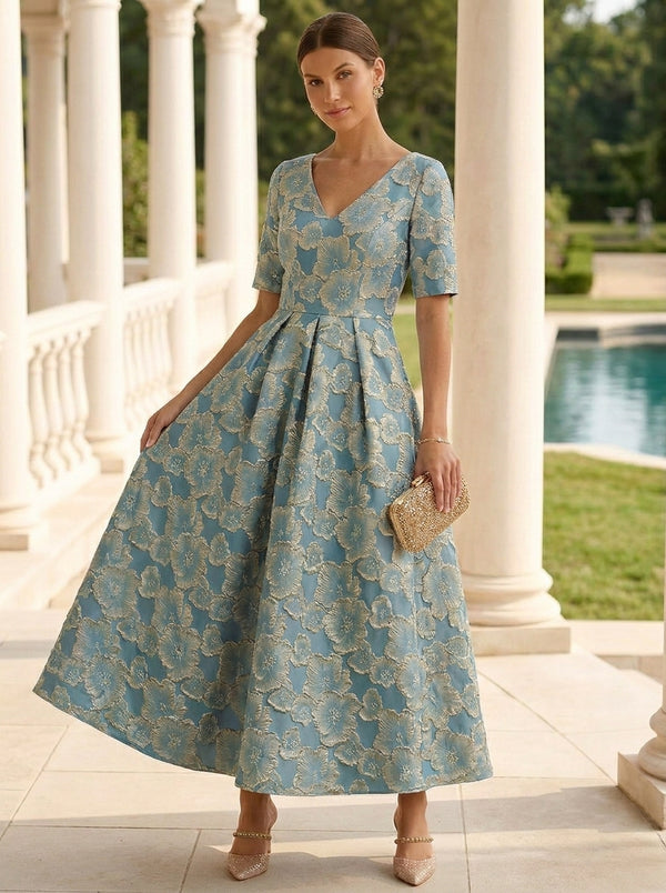 A-Line/Princess V-Neck Jacquard Mother of the Bride Dresses Short Sleeves Floral Ankle-Length