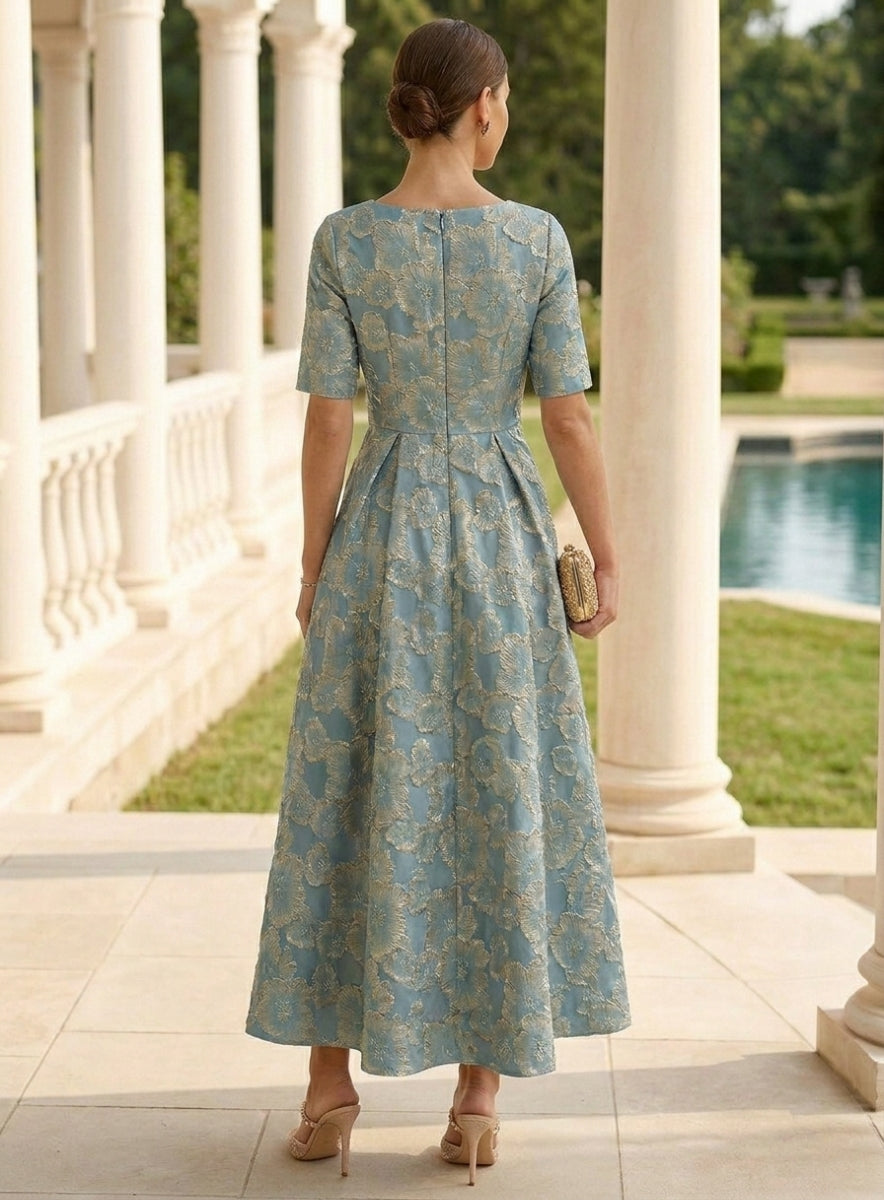 A-Line/Princess V-Neck Jacquard Mother of the Bride Dresses Short Sleeves Floral Ankle-Length