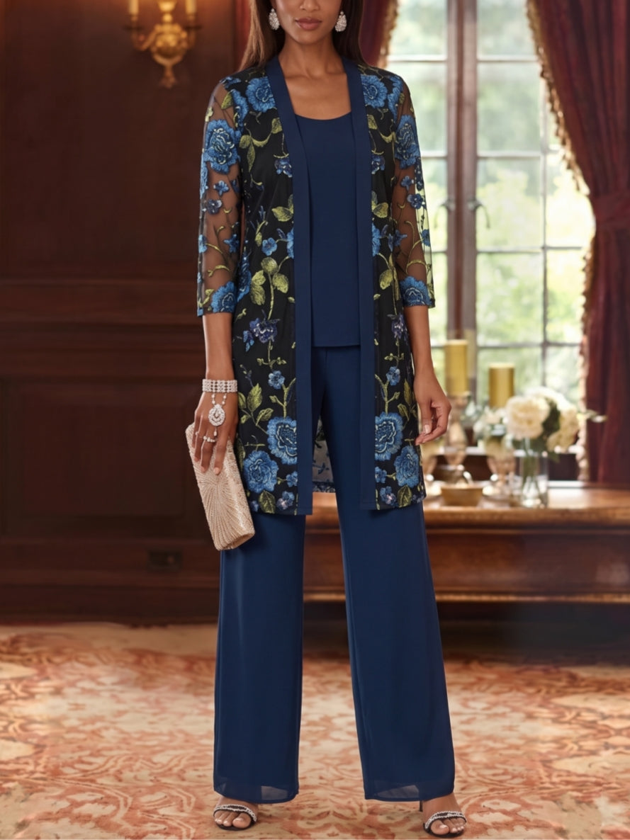 3 Pieces Suit Scoop Chiffon Mother of the Bride Pantsuits with Jacket Floral 3/4 Sleeves Ankle-Length