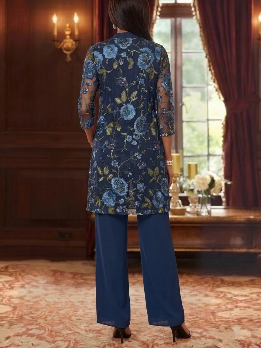 3 Pieces Suit Scoop Chiffon Mother of the Bride Pantsuits with Jacket Floral 3/4 Sleeves Ankle-Length