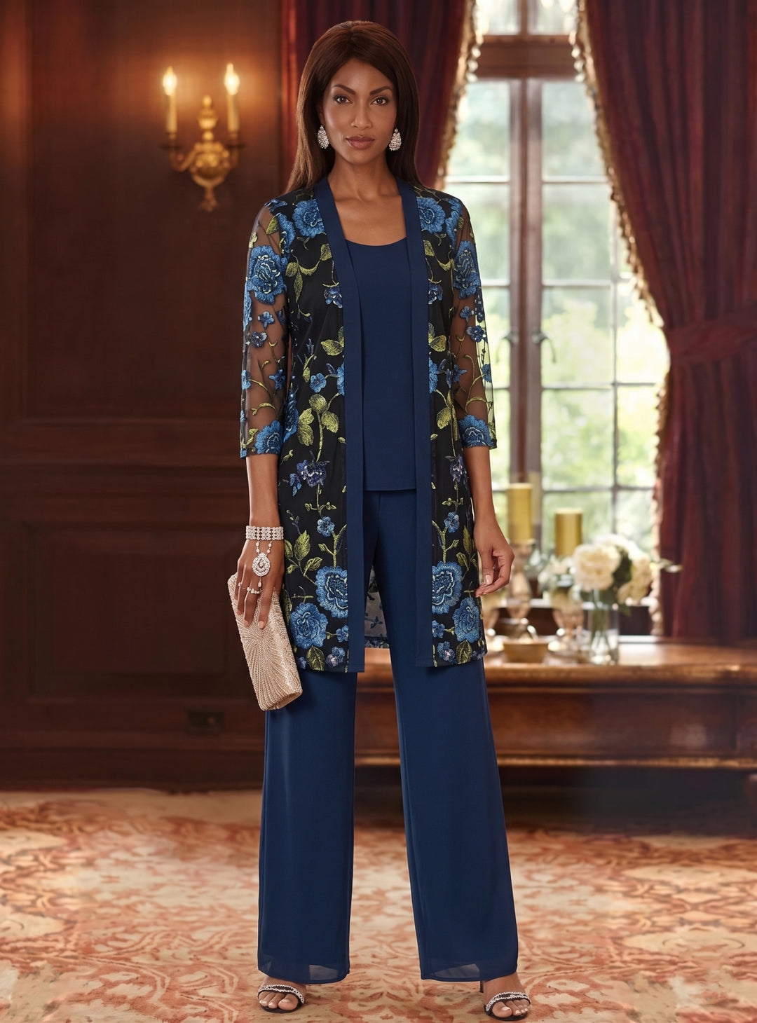 3 Pieces Suit Scoop Chiffon Mother of the Bride Pantsuits with Jacket Floral 3/4 Sleeves Ankle-Length