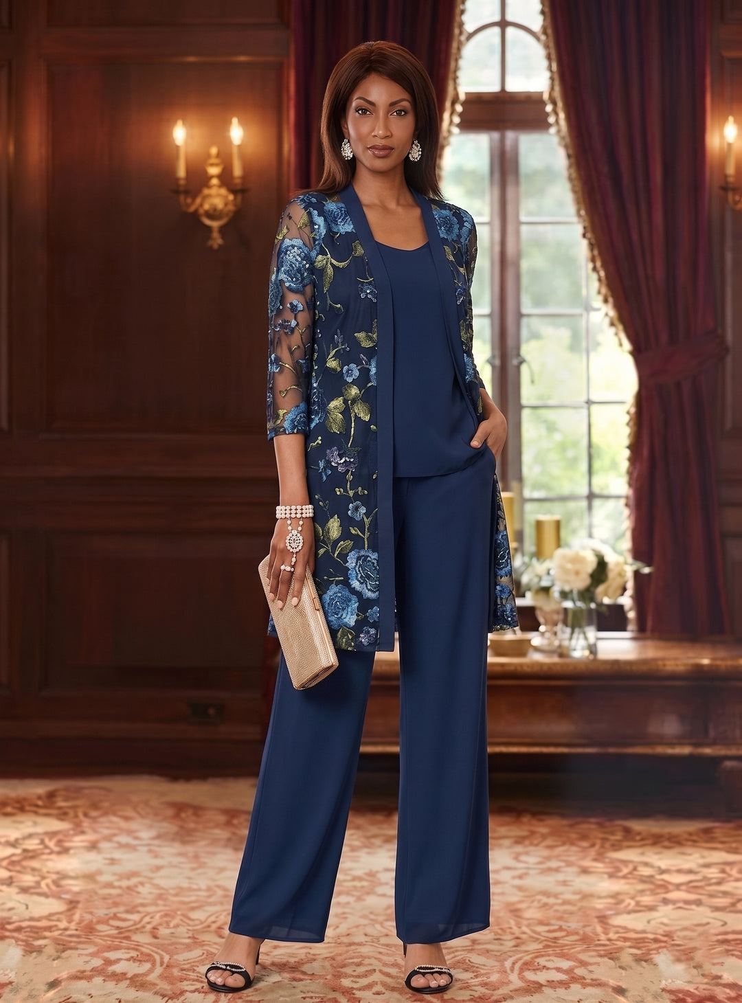 3 Pieces Suit Scoop Chiffon Mother of the Bride Pantsuits with Jacket Floral 3/4 Sleeves Ankle-Length
