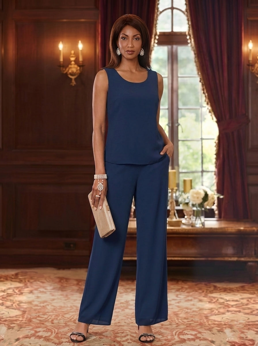 3 Pieces Suit Scoop Chiffon Mother of the Bride Pantsuits with